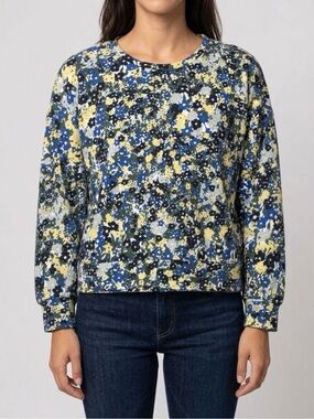Ann Taylor Floral Puff-Sleeve Crewneck Sweatshirt in Blue and Yellow Florals